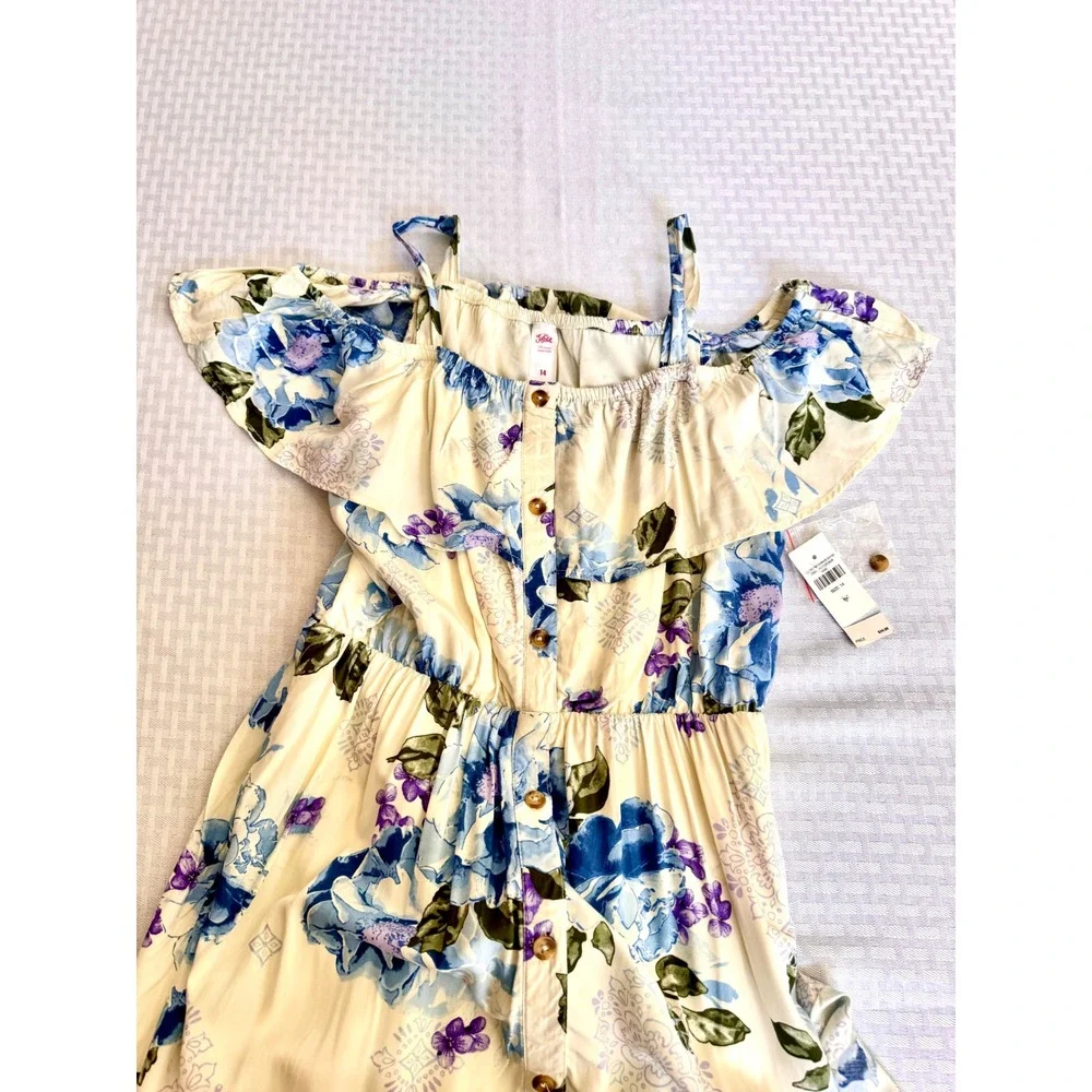 Justice Girls Size 14 Floral Maxi Dress Cold Shoulder Boho Blue Rose Cream NEW